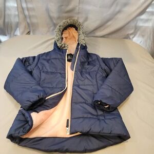 Rothschild Girls Size L/14 Quilted Puffer Jacket Faux Fur Trim‎ Hood Navy/Pink